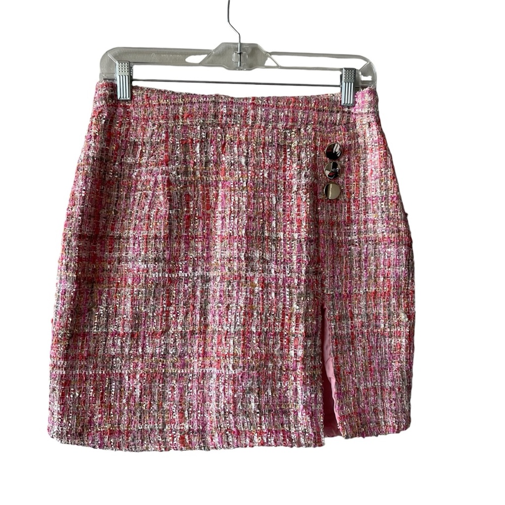 Boohoo Boucle Button Split Side Mini Skirt Old Money Pink 10 NWT
